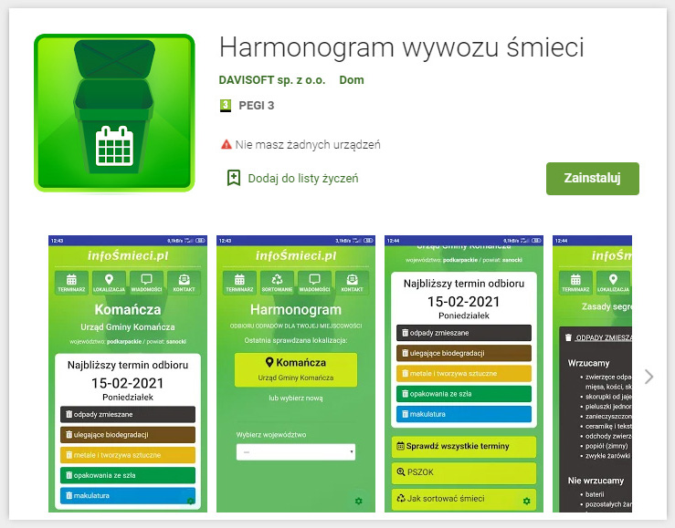 Google PLAY harmonogram śmieci